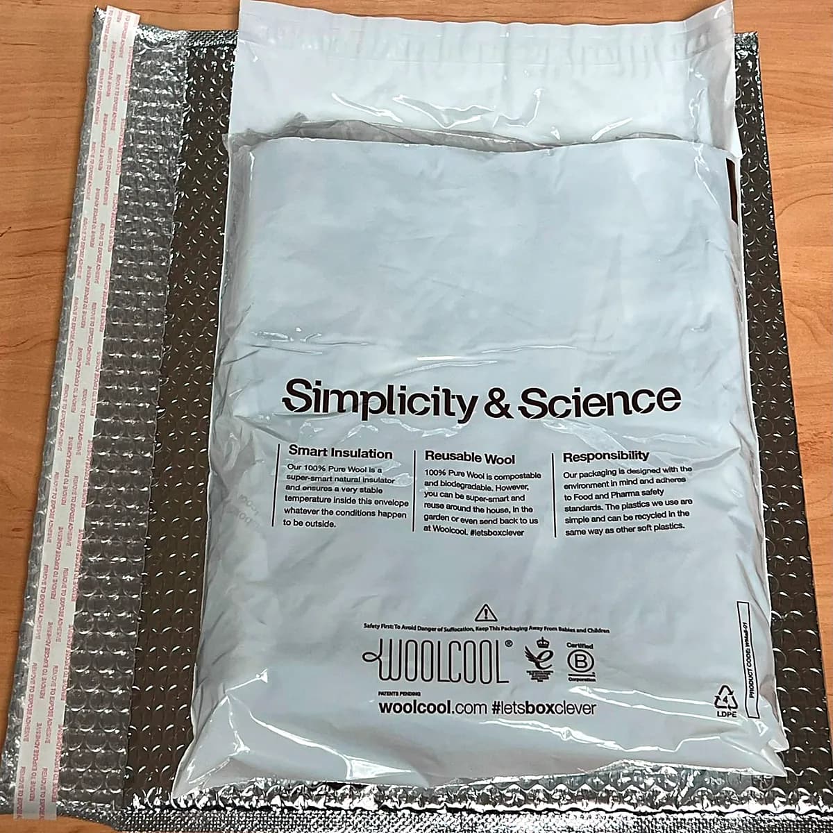 A wool-insulated shipping envelope